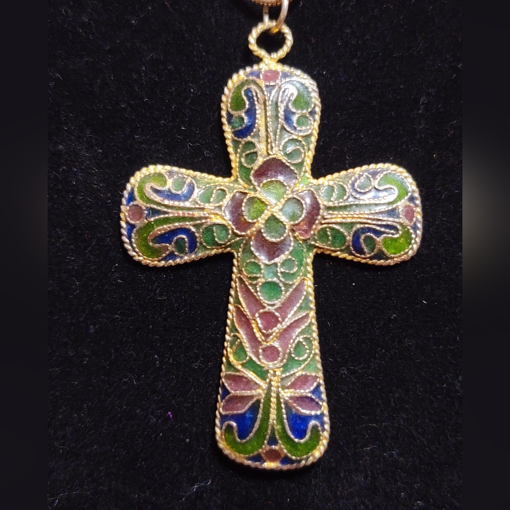Stained Glass Cross Pendant On A 24KGB chain -  VINTAGE